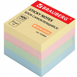 BRAUBERG Блок (стикер) для записей с клеевым краем  (L51мм b51мм 4 цвета пастель(400лист)/1)