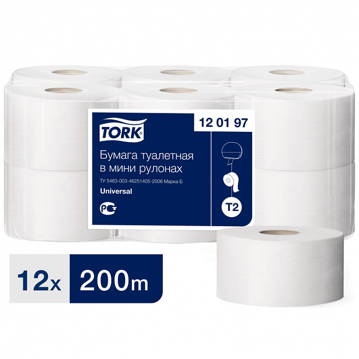 TORK Бумага туалетная (в рулоне) на втулке (1сл белая 9,5см*200м T2 Universal Mini/12/1)