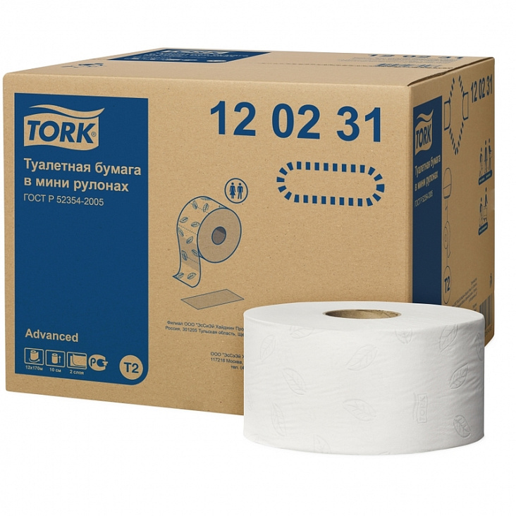 TORK Бумага туалетная (в рулоне) на втулке (2сл белая 9,5см*170м T2 Advanced Mini/12/1)
