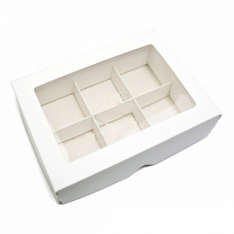 Коробка для конфет с окном и разделителем (6 конфет L137мм b98,5мм h38,5мм белая/5/1)
